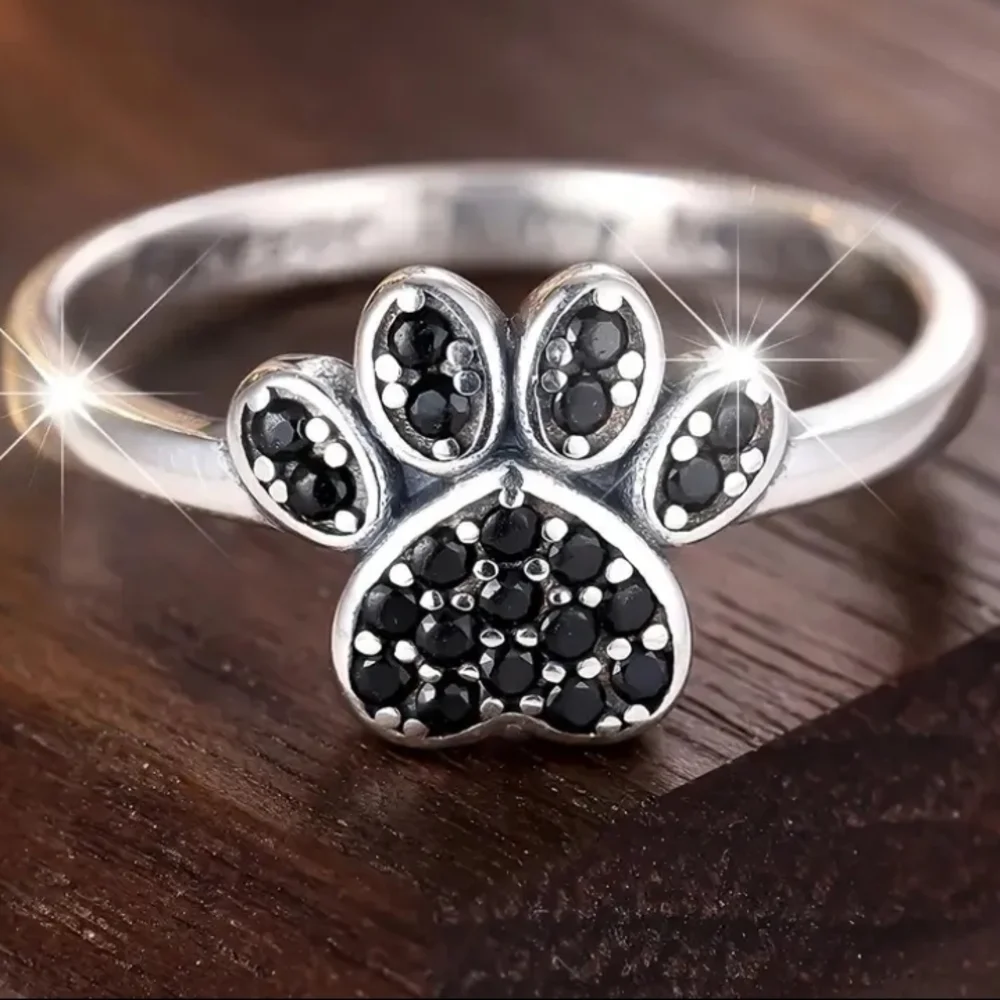 Silver Paw Print Ring with Black Rhinestones Dog Lover Jewelry - Picture 6 of 6